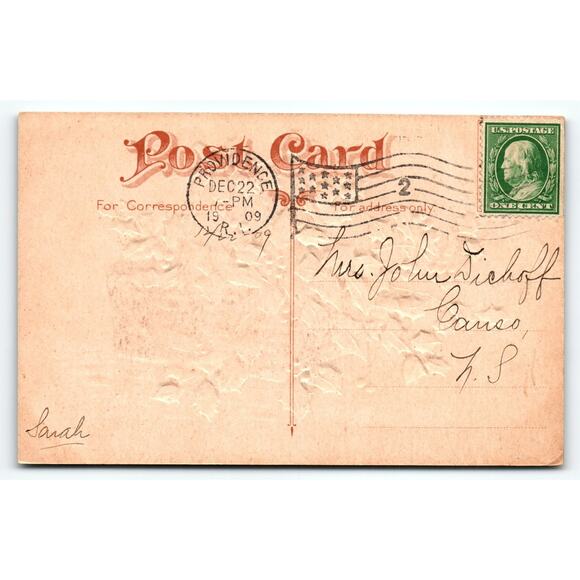 Vintage 1908 Christmas Greetings Postcard with Holly Basket Embossed - Picture 2 of 2